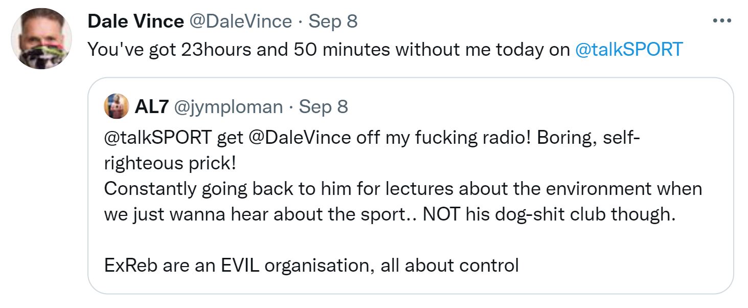 Dale Vince reply to aggressive tweet 8-9-2021